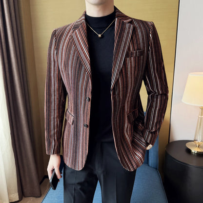 High Quality Plush Striped Fashion casual Suit Jacket Autumn Winter New Men Slim Fit Business Formal Social Prom Party Tuxedos