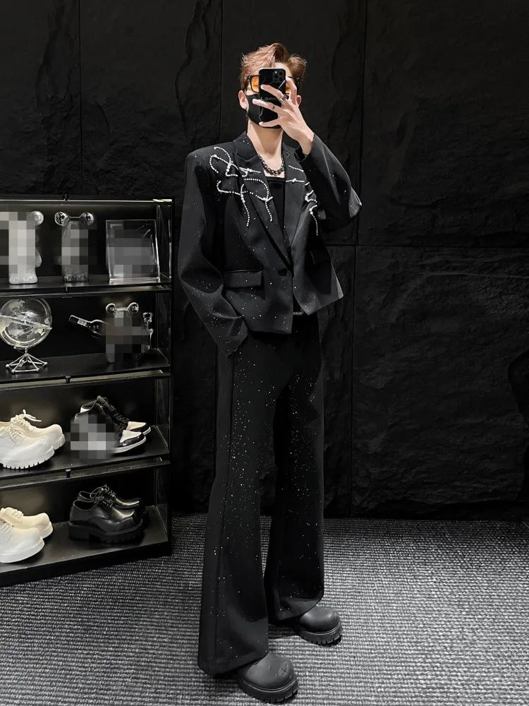 Party Mens Black Suits Sets Fashion Rhinestone Pearls Short Blazers Jacket High Waist Straight Pants Korean Style Two Piece Set