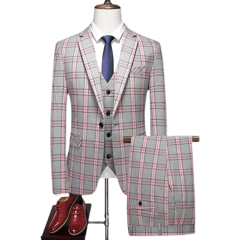 Men's Three-Piece Plaid Suit Set – Slim Fit Wedding & Business Formal with Vest and Trousers