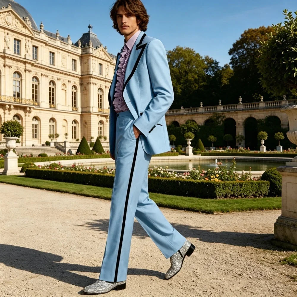 Men's Tuxedo Suit 2-Piece Slim Fit Blazer and Pants Set with Black Velvet Trim for Weddings and Formal Events