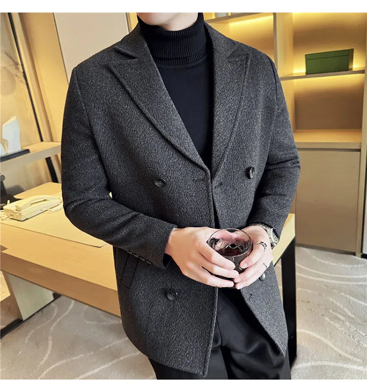 British Style Winter Double Breasted Woolen Suit Jackets Men Thick Warm Wedding Business Blazers Solid Color Casual Dress Coat