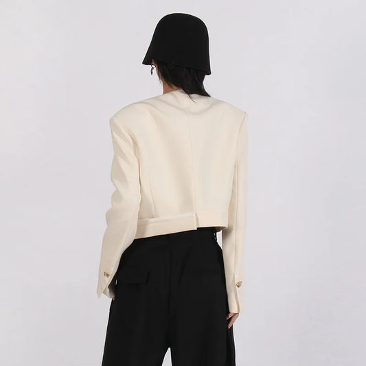Women Blazer Niche Design O-Neck Single Button Irregular Slanted Hem Patchwork Trendy Short Suit-Coat Spring Autumn HK24173