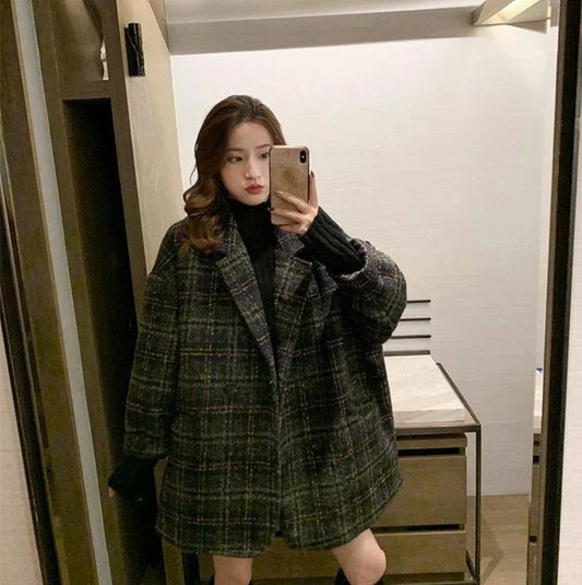 Women's Korean Fashion Long Sleeve Lapel Blazer Loose Woolen Fabric Short Coat Spring Autumn Collection