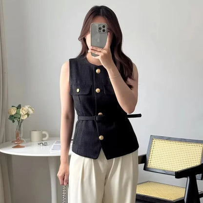 2025 Women's Vest Jackets Cropped Sleeveless Vest Woman Outerwears Belt Summer Casual Coats Black Pink Vest Button Jacket