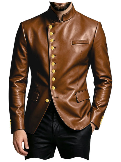 Luxury PU Men's Suit Blazer Single Breasted Stand Collar Slim Fit Leather Jacket Vintage High Quality Business Party Male Tuxedo