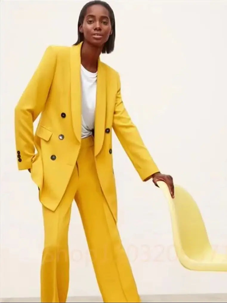 Pant Suits Outfit Womens Matching Sets Pants Elegant Shawl Lapel Double Breasted Blazer Suit Set Yellow 2 Pieces For Women