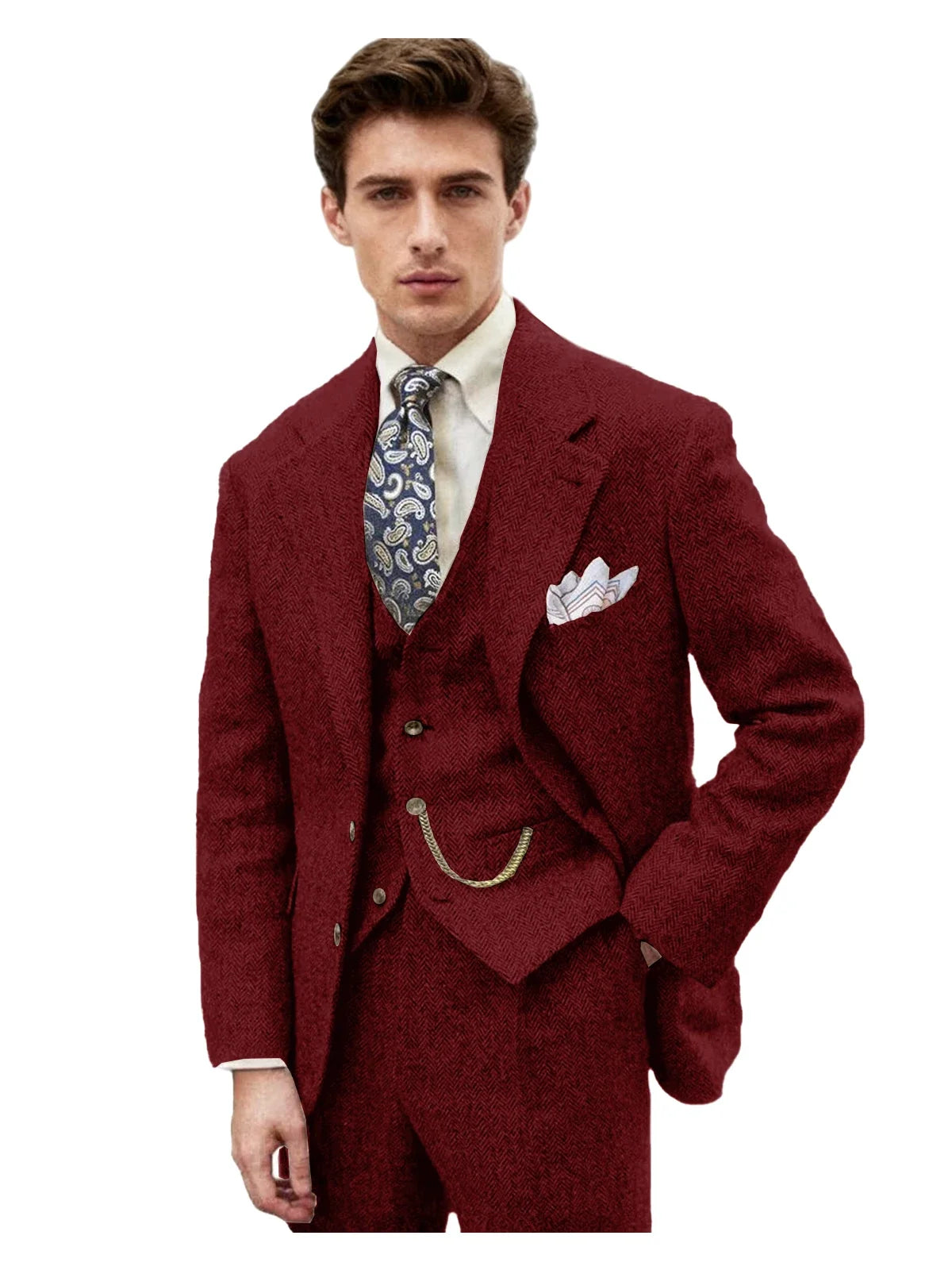 3 Piece Grey/Brown Mens Tweed Herringbone Wedding Suit Prom Tuxedos Peak Lapel Tweed for Business Slim Fit (Blazer+Vest+Pants)