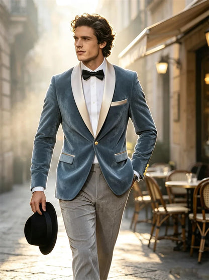 Men Velvet Tuxedo Jacket Champagne Satin Shawl Lapel Slim Fit Blazer Wedding Groom Party Prom Formal Western Dinner Suit Coat