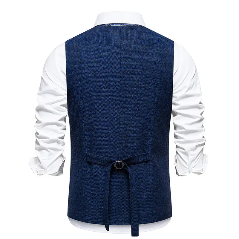 Men's Triple-Breasted Herringbone Tweed Vest – Retro Fake Two-Piece Waistcoat for Weddings & Smart-Casual Occasions