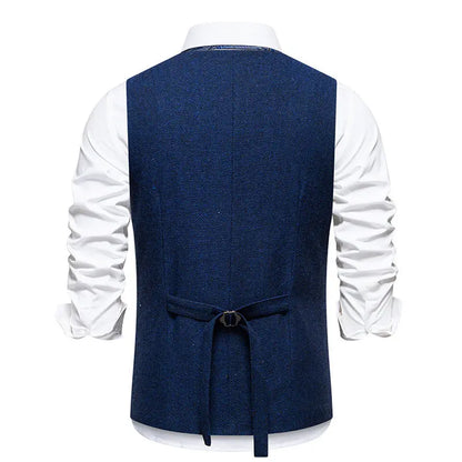 Men's Triple-Breasted Herringbone Tweed Vest – Retro Fake Two-Piece Waistcoat for Weddings & Smart-Casual Occasions