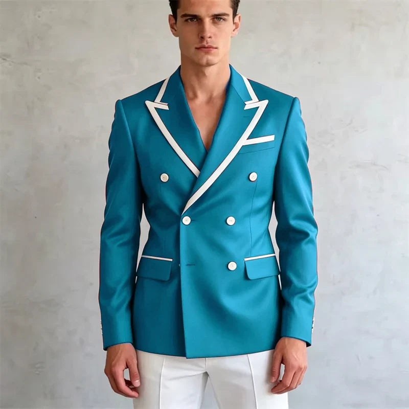Double Breasted Slim Fit Blazer – Men's Formal Suit Jacket with White Contrast Piping