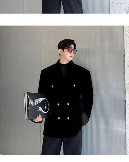 Double Breasted Korean High Quality Blazer Original Elegant Temperament Casual Male Suit Jackets Velvet New Coats LZ7346