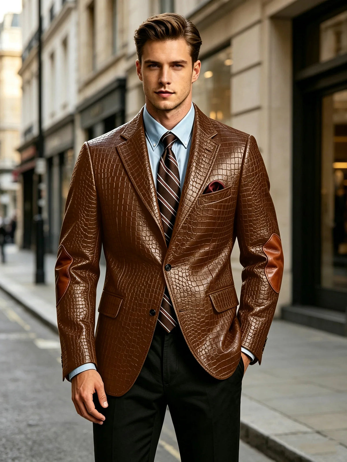 Men's Faux Leather Blazer  Crocodile Pattern Printed Sports Coat Jacket with Elbow Patch  For Party Prom Banquet Wedding Office