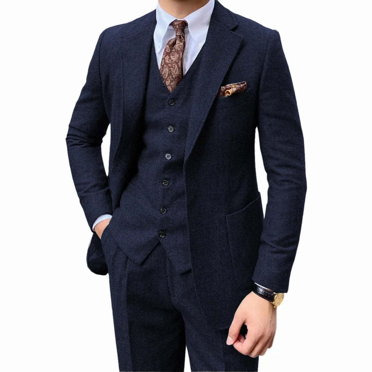 Costume de smoking à chevrons pour hommes, ensemble deux pièces, revers crantés, un bouton, gilet simple boutonnage à chevrons, tissus en laine épaisse