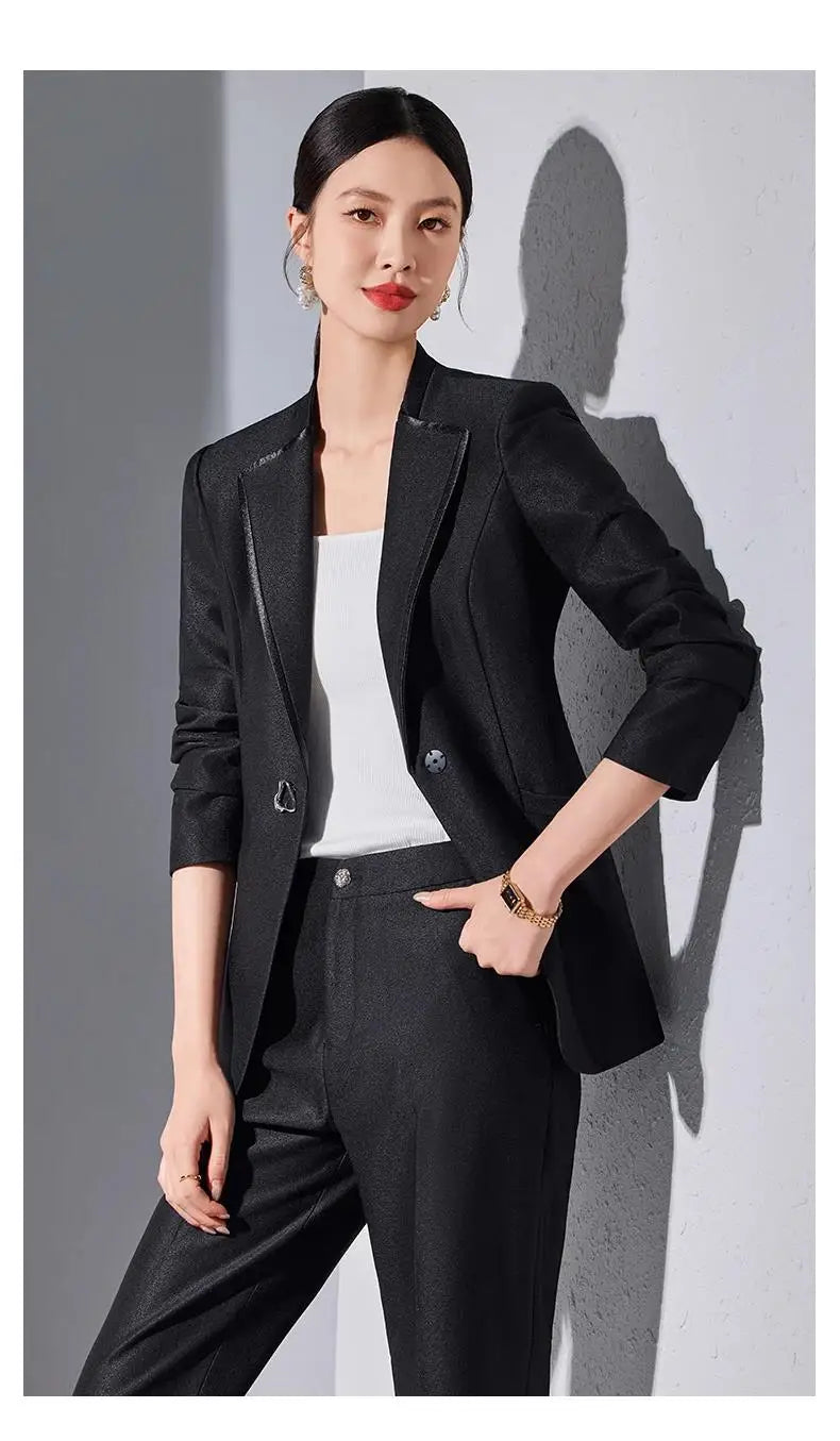Elegant Single Button Blazer Suit Pant Sets for Women 2 Pieces Business Formal Office Outfit Autumn Plus Size Jacket Trousers