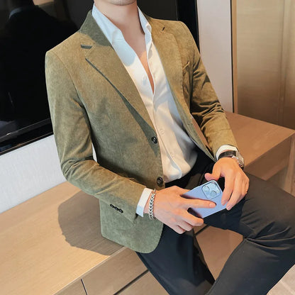 Men's Slim Fit Striped Corduroy Blazer – Smart Casual Single Breasted Suit Jacket