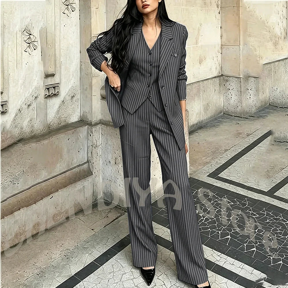 Tailor-Made Striped Suit For Women High Quality Peaked Lapel Single Breasted Three Piece Business Office Lady Formal Outfit