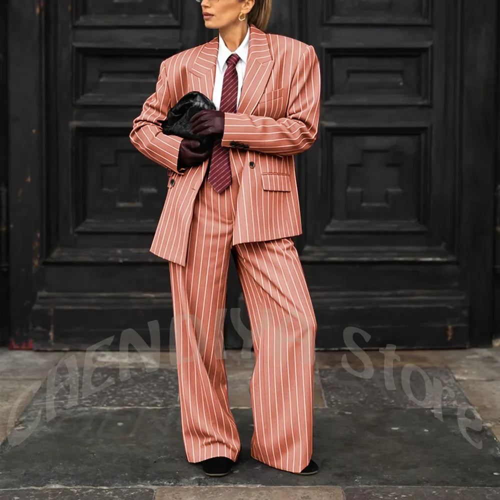 Burgundy Striped Casual Women Suit Two Pieces Jacket Pants Loose Fit Peak Lapel Blazer Set Evening Party Prom Lady Outfit