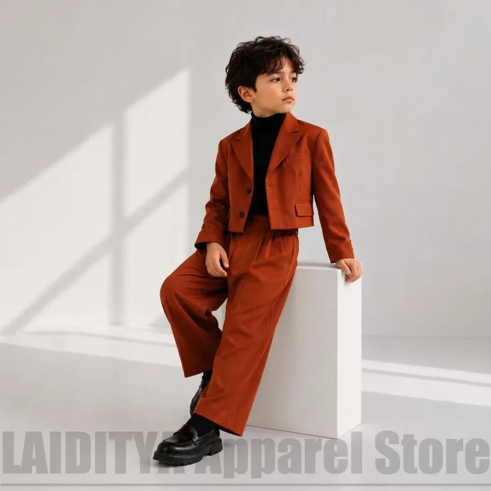 Kids Boys Retro Cropped Suit 2 Piece Blazer Wide Leg Trousers Outfit For Wedding Birthday Party Stage Show Casual Formal Tuxedo