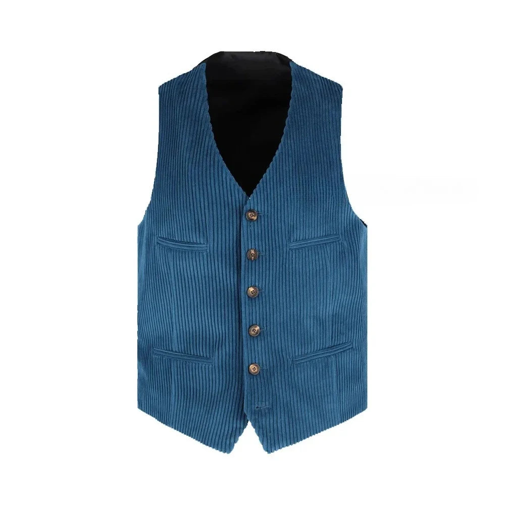 Men's V-Neck Corduroy Vest for Men — Single-Breasted Sleeveless Waistcoat for Smart Casual & Work