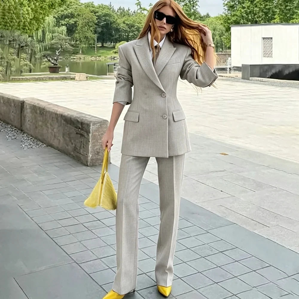 Chic Women Dark Gray Single Breasted Suit 2 Pieces Tailored Blazer+Trousers Set Elegant Office Formal Evening Party Outfit