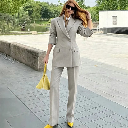 Chic Women Dark Gray Single Breasted Suit 2 Pieces Tailored Blazer+Trousers Set Elegant Office Formal Evening Party Outfit