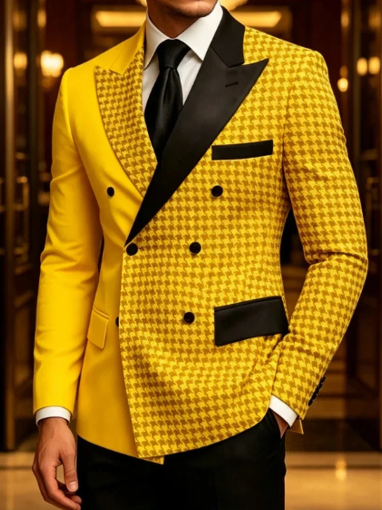 Men's Yellow Houndstooth Double Breasted Blazer Lapel Slim High Quality Formal Wedding Business Party Gentlemen Tuxedo Jacket