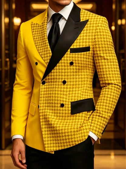 Men's Yellow Houndstooth Double Breasted Blazer Lapel Slim High Quality Formal Wedding Business Party Gentlemen Tuxedo Jacket
