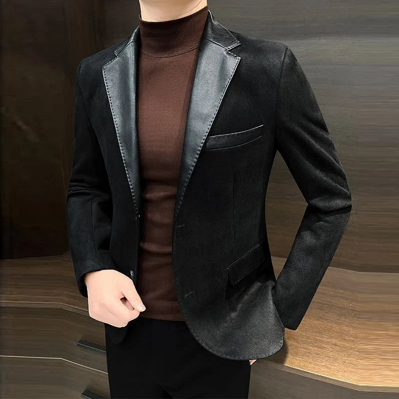 KIDWHXR Men Blazer Vintage Simple Solid Patchwork Male Suit Jacket Slim Single-breasted Long Sleeve Man Casual Outerwear