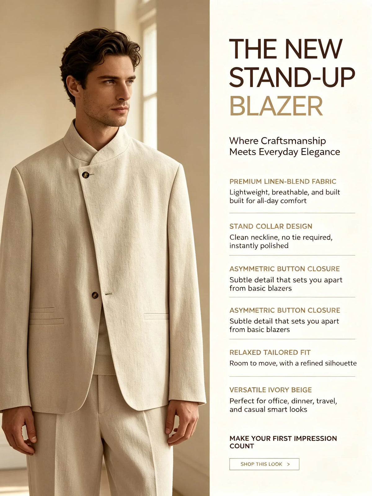  Mandarin Collar Men‘s Blazer Linen Blend Chinese Stand Collar Men Jacket Asymmetric Button Breathable Men Coat Wedding Party
