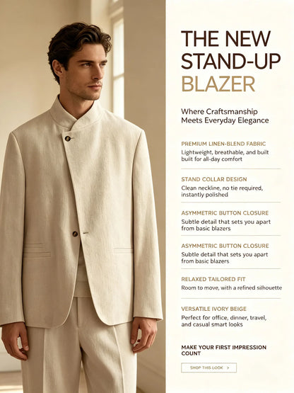  Mandarin Collar Men‘s Blazer Linen Blend Chinese Stand Collar Men Jacket Asymmetric Button Breathable Men Coat Wedding Party