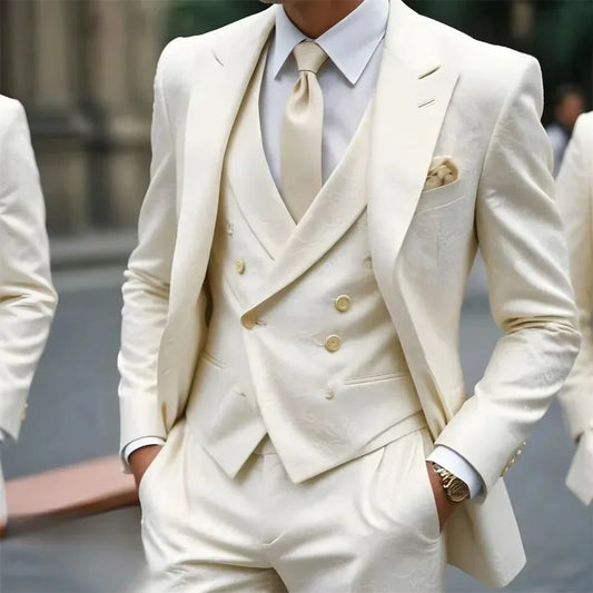 Men White Jacquard 3 Pieces Suit Slim Fit Blazer Vest Pants Set Peak Lapel Formal Wedding Groom Tuxedo Cocktail Customized