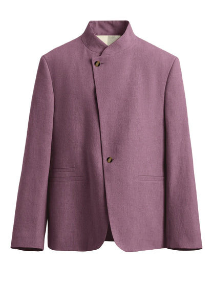  Mandarin Collar Men‘s Blazer Linen Blend Chinese Stand Collar Men Jacket Asymmetric Button Breathable Men Coat Wedding Party