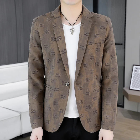 Spring Autumn Men's Fashion Letter Print Slim Fit Casual Single-Breasted Jacket Korean Style Youthwear for Formal Occasions