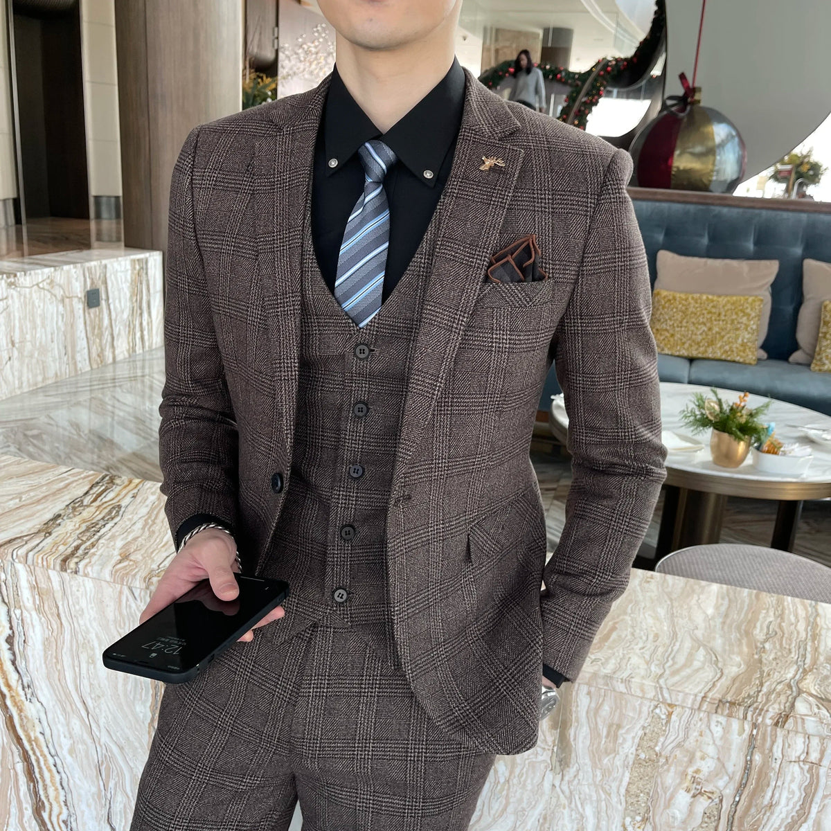 Ensemble costume trois pièces à carreaux modifié de haute qualité de style coréen britannique pour hommes - Gilet et pantalon de costume décontracté élégant