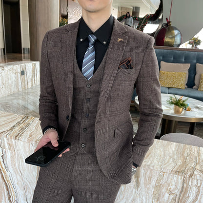Ensemble costume trois pièces à carreaux modifié de haute qualité de style coréen britannique pour hommes - Gilet et pantalon de costume décontracté élégant