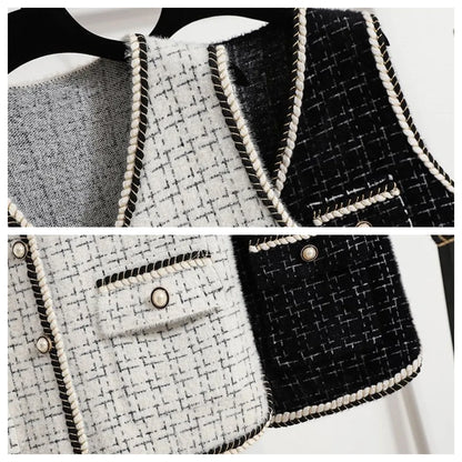Women's Contrast Knitted Vest New Autumn Short Sleeveless Jacket V-neck Single Breasted Waistcoat Female Coats Chaleco Mujer