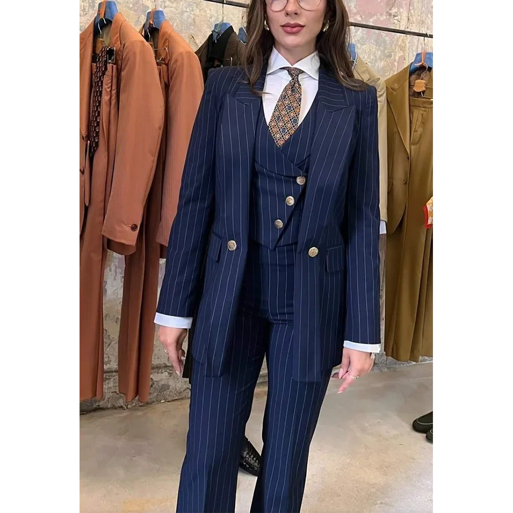 Navy Blue Striped Suit For Women Stylish Single Button Peak Lapel Elegant Outfit Business Meeting Office Formal Set Three Pieces