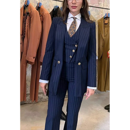 Navy Blue Striped Suit For Women Stylish Single Button Peak Lapel Elegant Outfit Business Meeting Office Formal Set Three Pieces