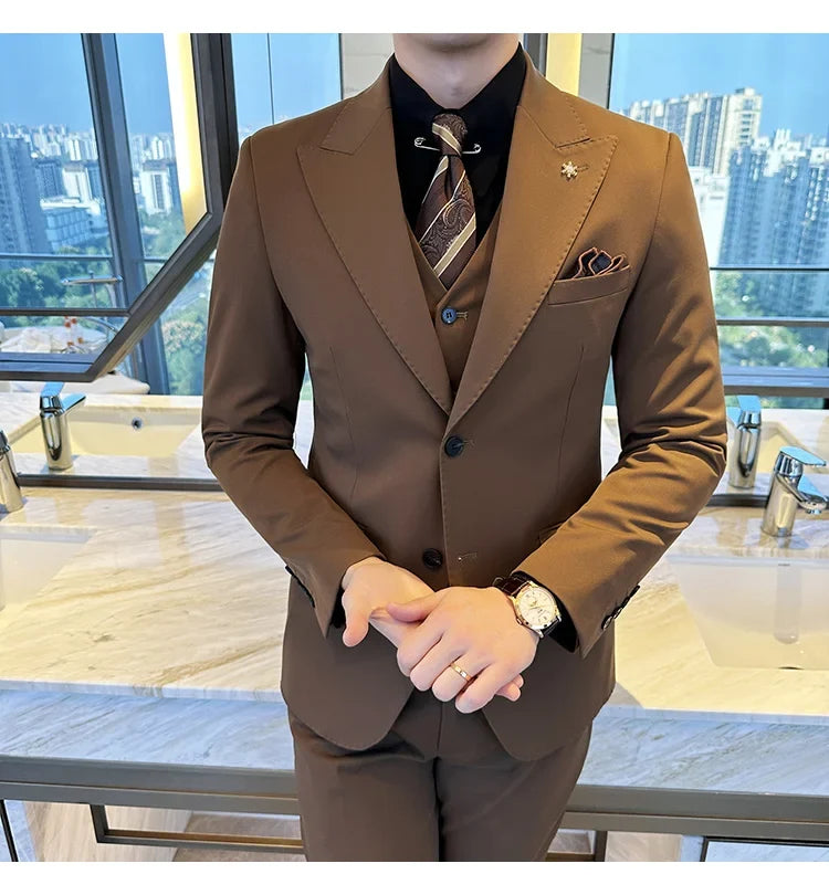 (Blazer + Vest + Trousers) 2024 New Men Formal Business Solid Suit 3 Pieces Set Italian Style Luxury Wedding Social Party Tuxedo
