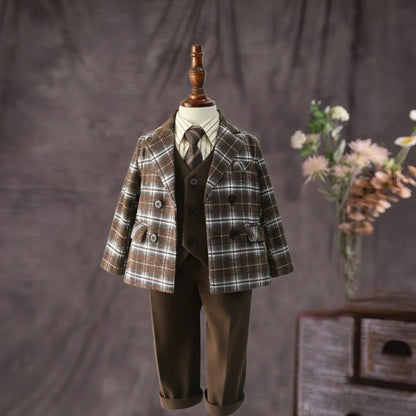 Birthday Formal Photography Outfit Flower Boys Brown Plaid Wedding Dress Kids Children's Piano Host Performance Costume