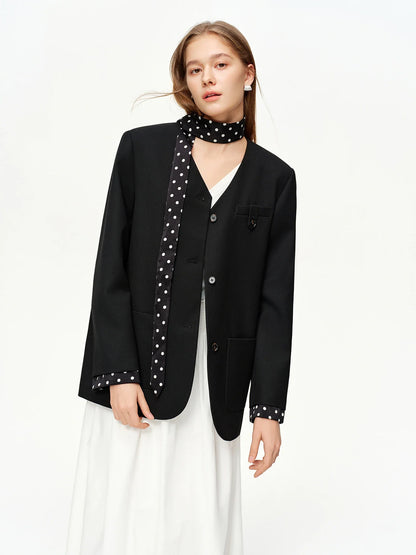 2025 Women's Black Polka Dot Blazer Spring New V-Neck Ribbon Bow Tie Long Sleeve Slim Jacket Retro Office Chic Outerwear