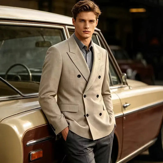 Men's Business Casual Linen Formal Suit Slim-fit Double-breasted Wedding Groom's Dress Party Daily Commuting