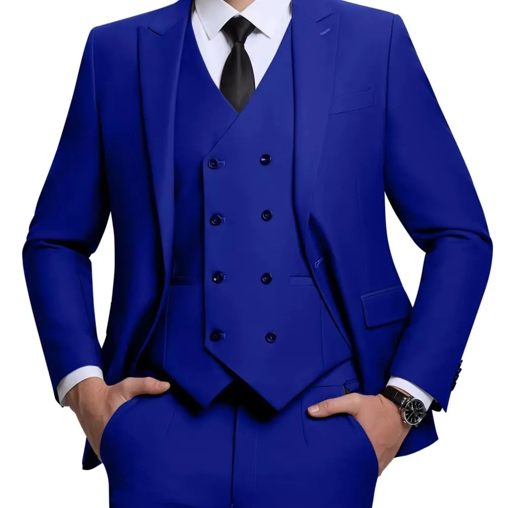 Men's Linen 3-Piece Slim Fit Suit – Blue & Beige | Peak Lapel