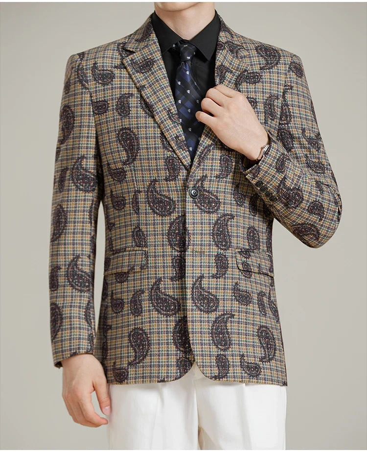 Autumn Winter Cashew Plaid Suit Jacket Men Fashion Casual Embroidered Jacquard Suit Jackets Business Social Party Men Blazers
