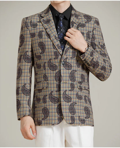Autumn Winter Cashew Plaid Suit Jacket Men Fashion Casual Embroidered Jacquard Suit Jackets Business Social Party Men Blazers