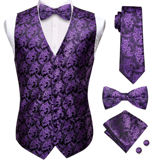 Men's Silk Vest Set with Tie, Bowtie, Hanky & Cufflinks – Floral Paisley Formal Wear