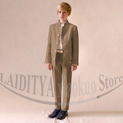 Chic Linen Boy Suits Fashion Stand Collar Single Breasted Blazer with Pants Formal Wedding Tuxedo Daily Casual Kids Clothes