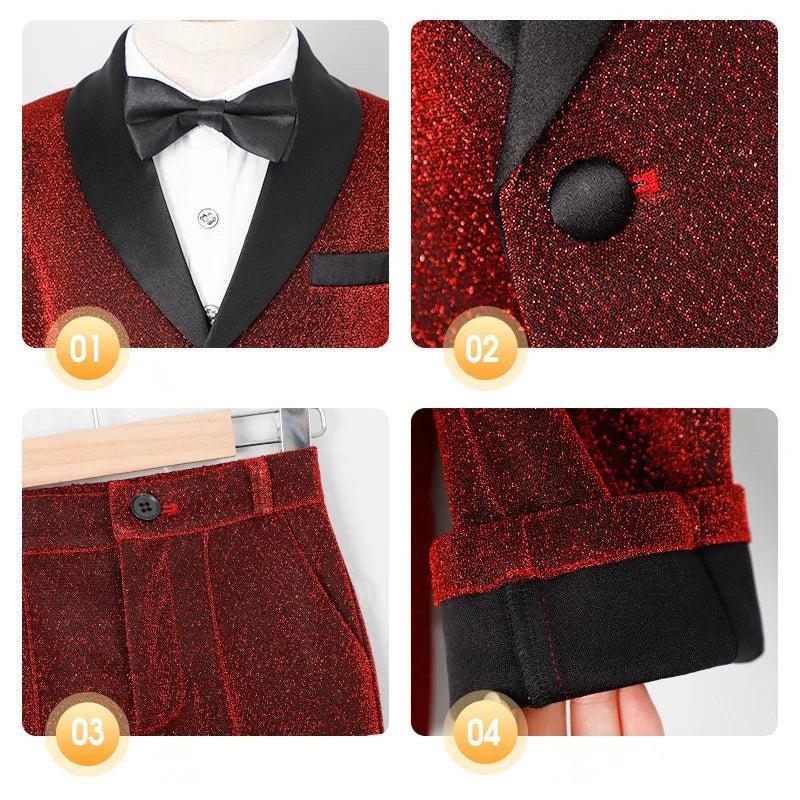 Kids Red Shining Jacket Pants Bowtie 3Pieces Suit Set 1-11Years Boys Formal Wedding Birthday Party Piano Performance Costume