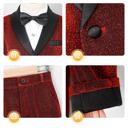 Kids Red Shining Jacket Pants Bowtie 3Pieces Suit Set 1-11Years Boys Formal Wedding Birthday Party Piano Performance Costume